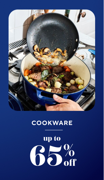 Cookware up to 65% off. Small skillet and blue cast iron dutch oven on cooktop.